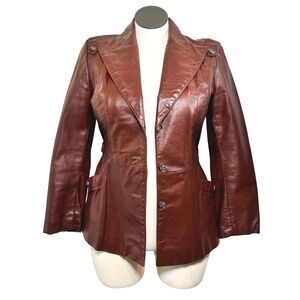 Rare Opera 70s Leather Jacket with Tie Oxblood Brown Red Burgundy Womens 13/14